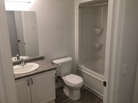 A white toilet sits in a bathroom next to a sink and a shower.