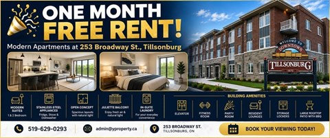 An advertisement for a modern apartment complex offering one month free rent.