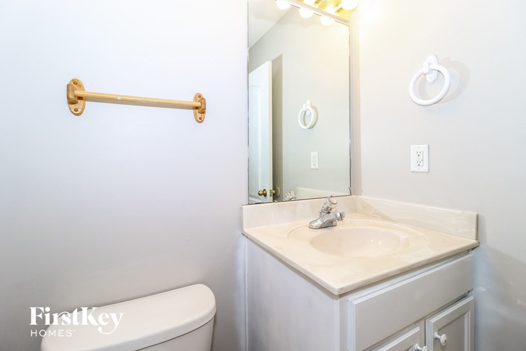 a bathroom with a sink and a mirror and a toilet