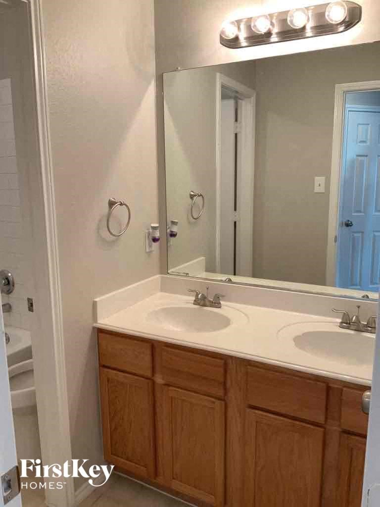 a bathroom with a sink and a mirror