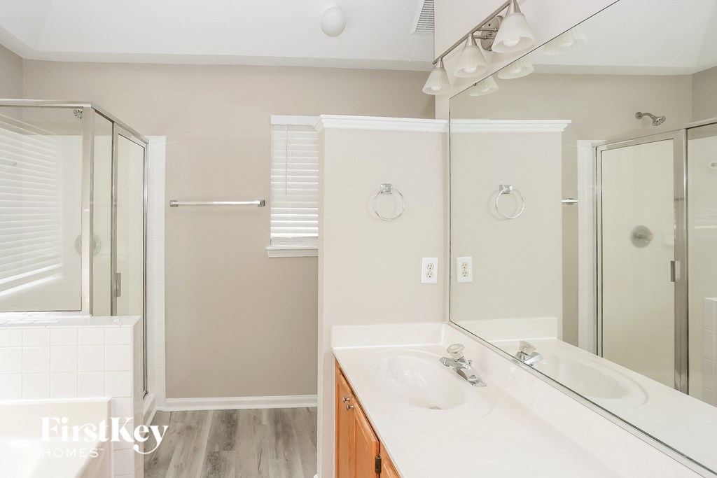 a bathroom with a sink and a mirror and a shower