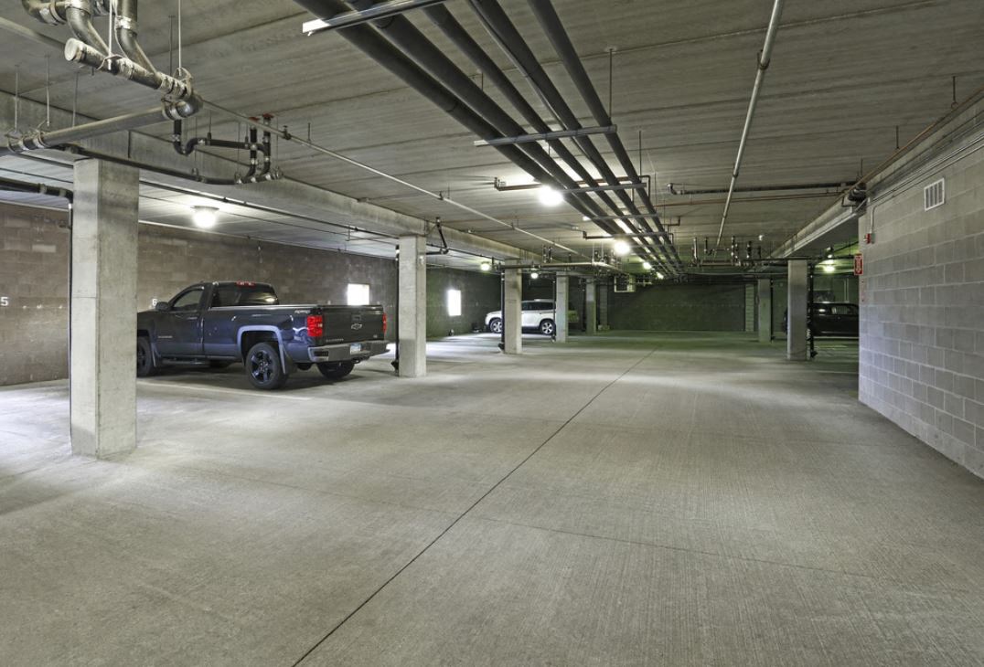 a truck parked in a parking garage