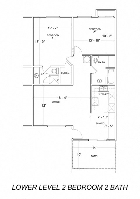 Our two bedroom, two bathroom apartment lower level floor plan at Midway Gardens Apartments in Escondido, California