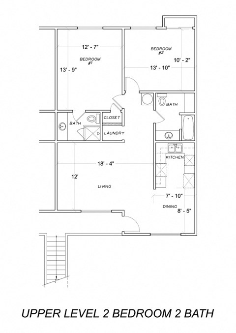 Our two bedroom, two bathroom apartment upper level floor plan at Midway Gardens Apartments in Escondido, California