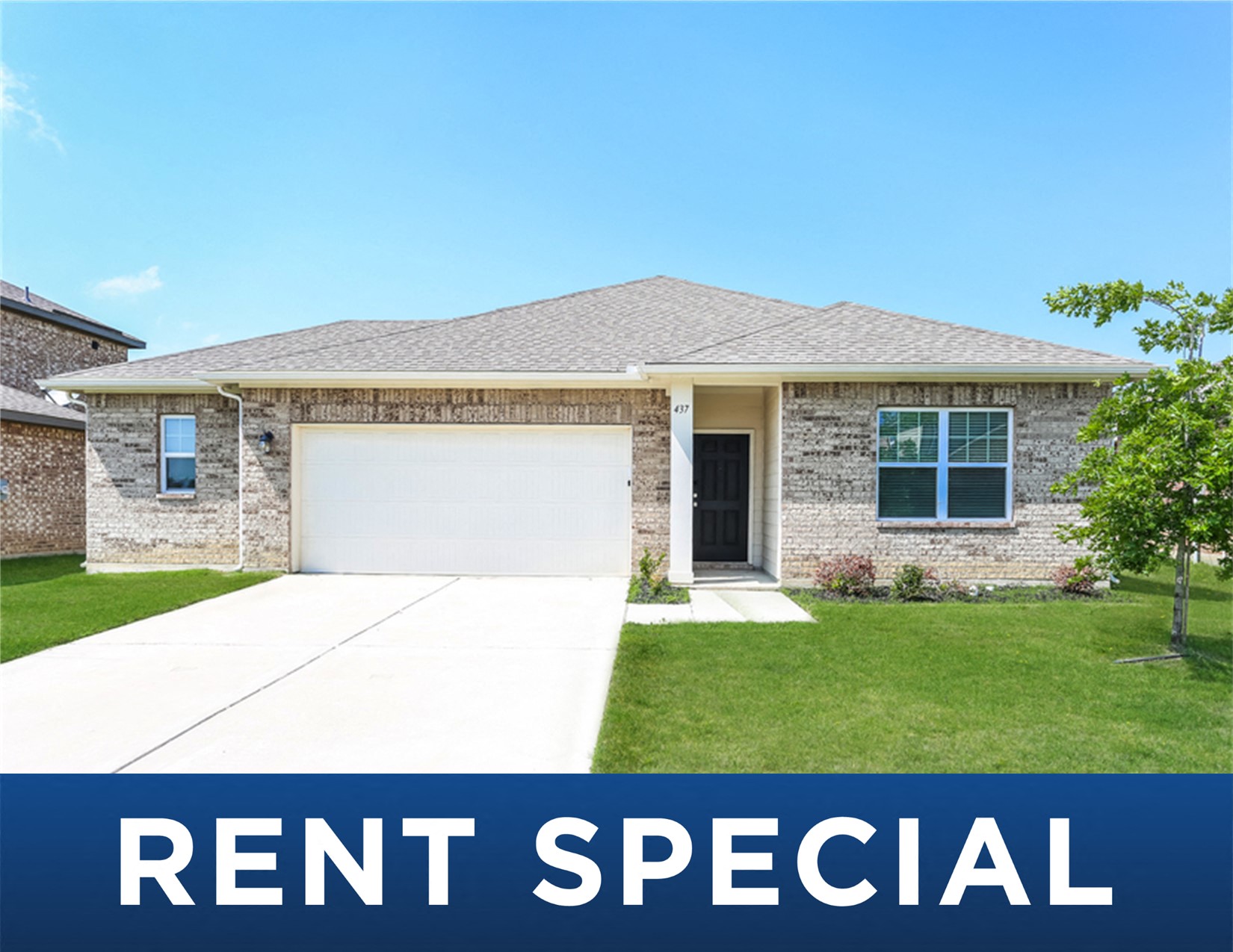 a house with the rent special sign in front of it