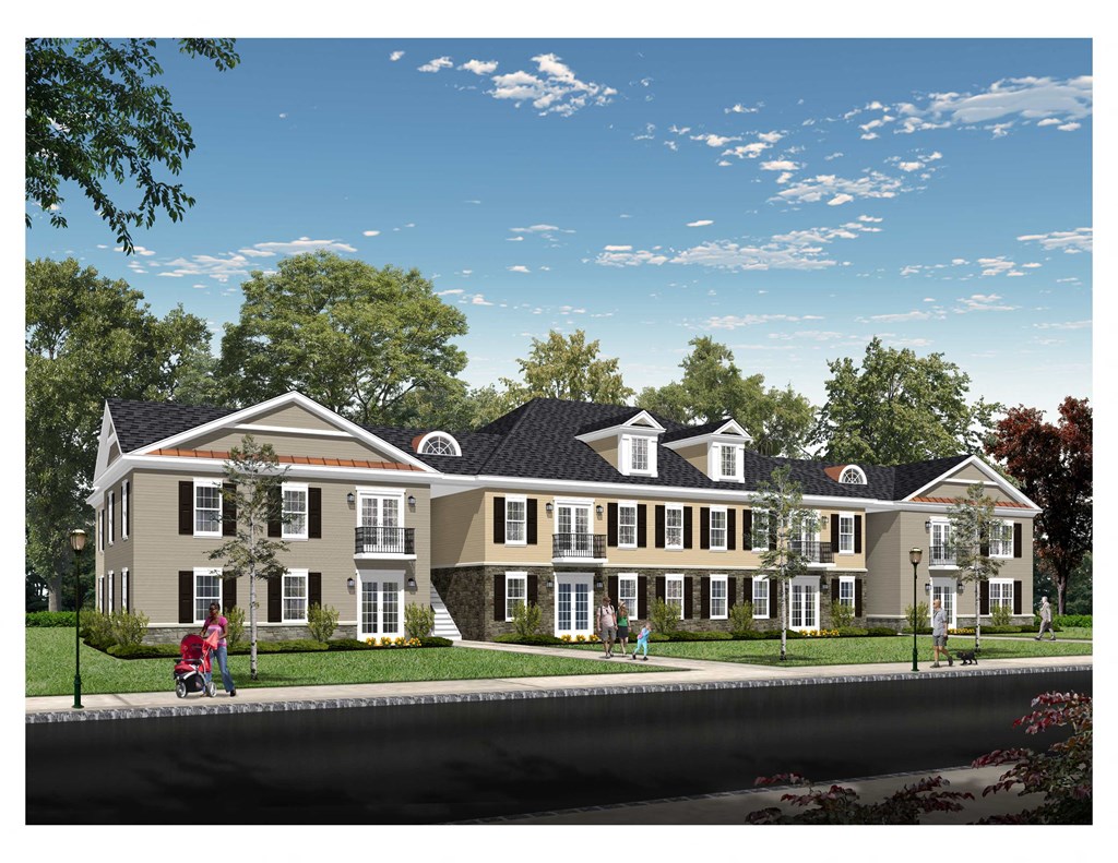 a rendering of a three story house with a child pushing a stroller