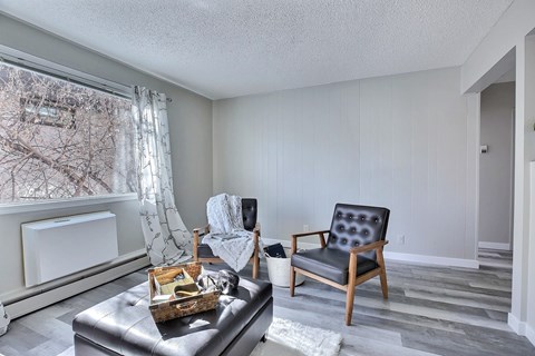 A living room with a black leather chair and a white sofa.