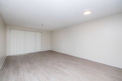 an empty living room with white walls and wood flooring