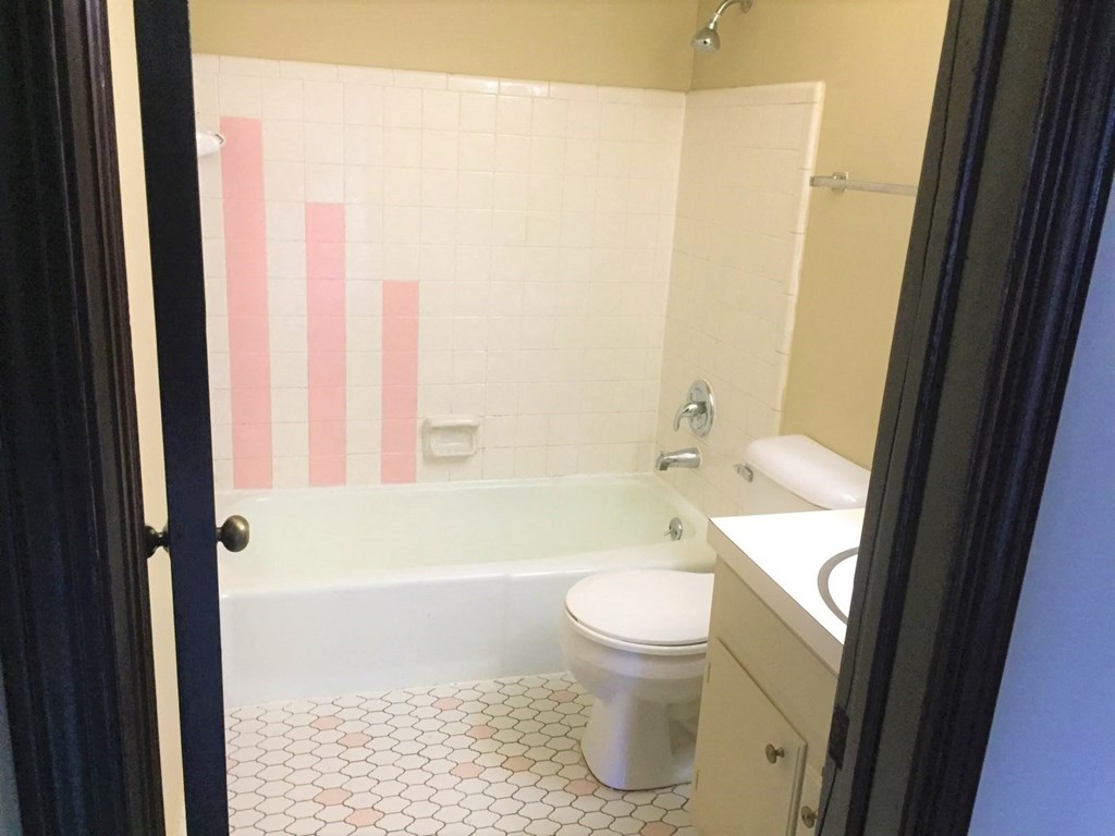 a bathroom with a toilet and a bath tub