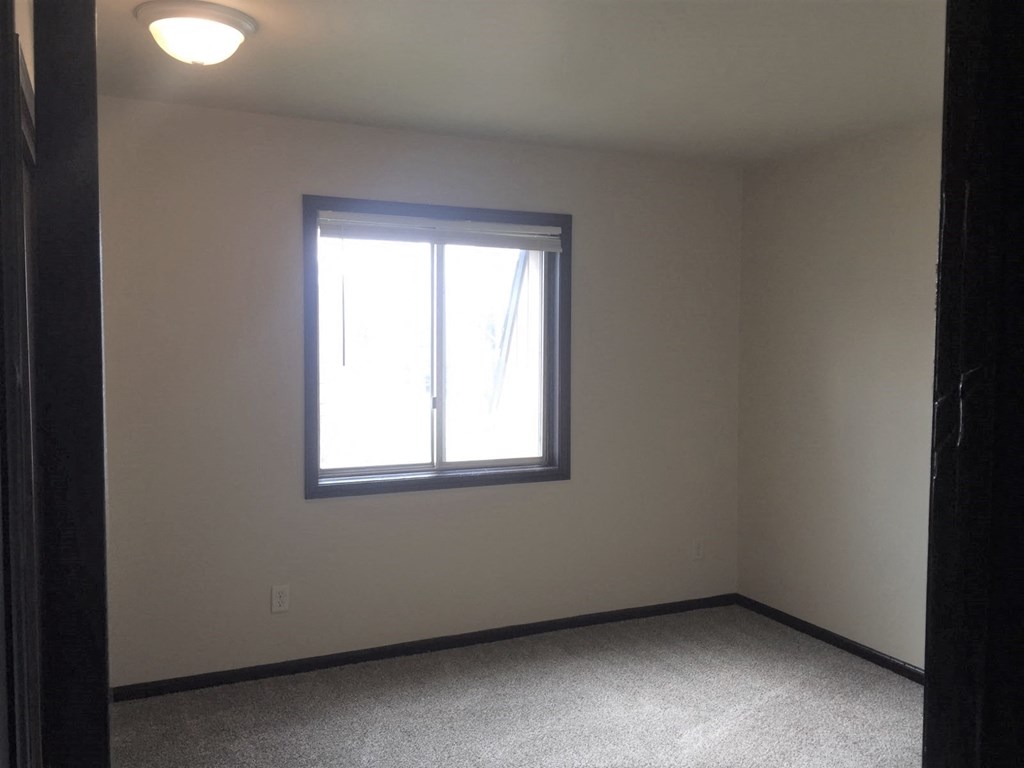 a bedroom with a window and a carpeted floor