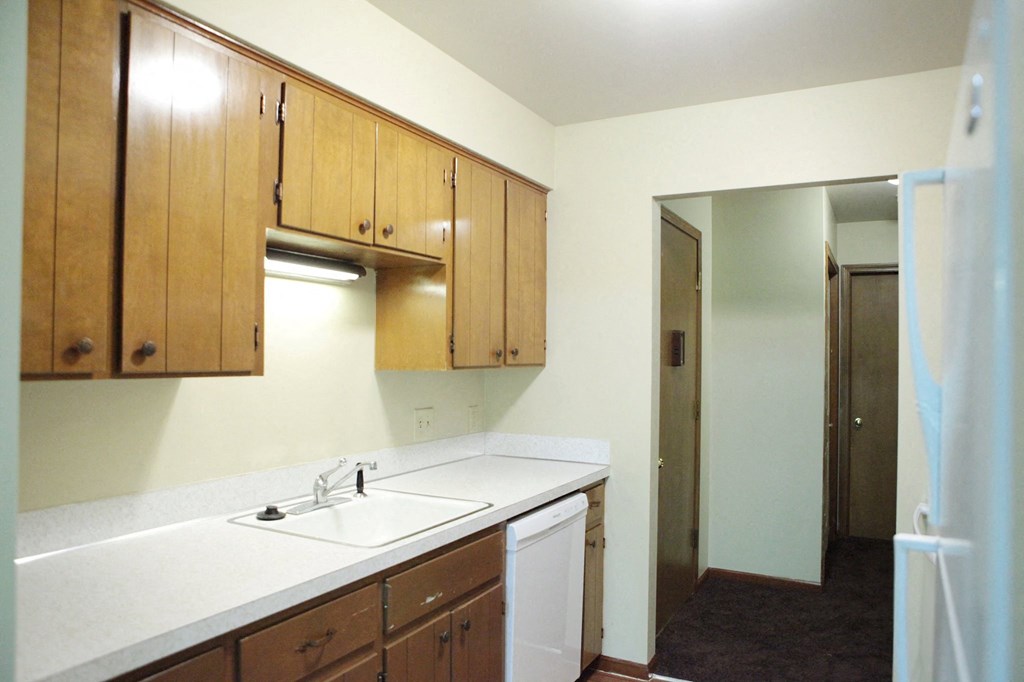 an empty kitchen with a sink and wooden cabinets