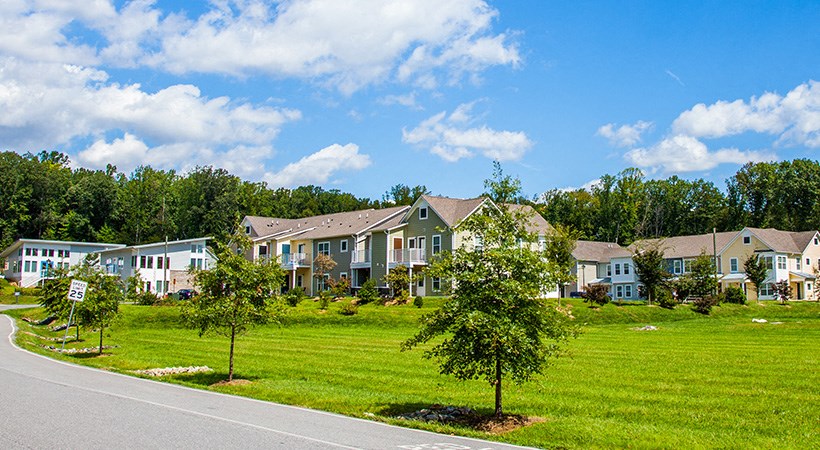 a row of houses on the side of a road
