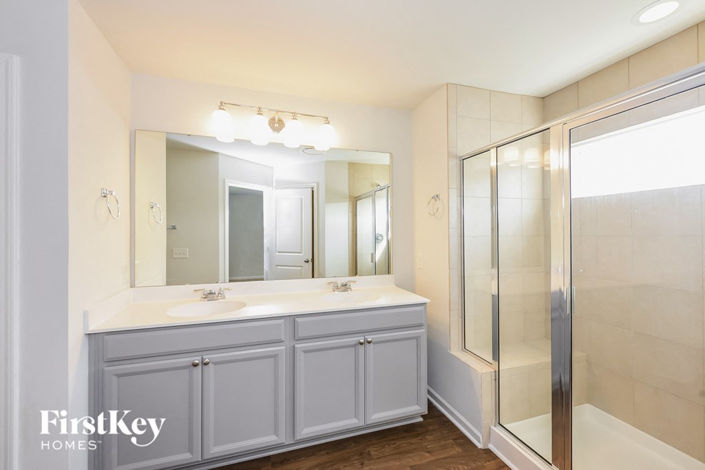 a bathroom with a sink and a shower and a mirror