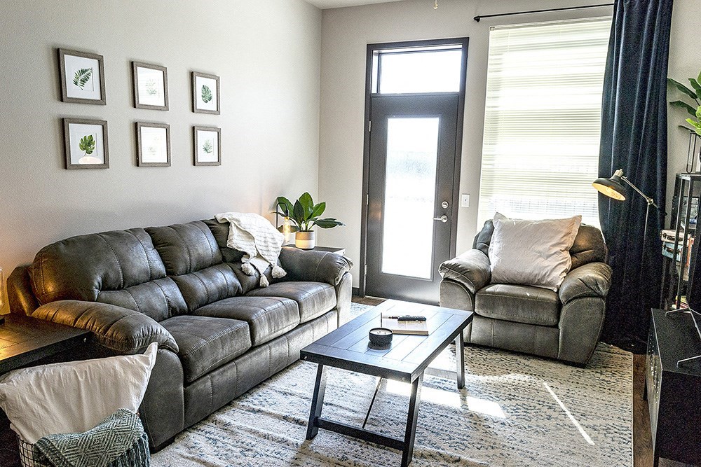 a living room with two couches and a coffee table