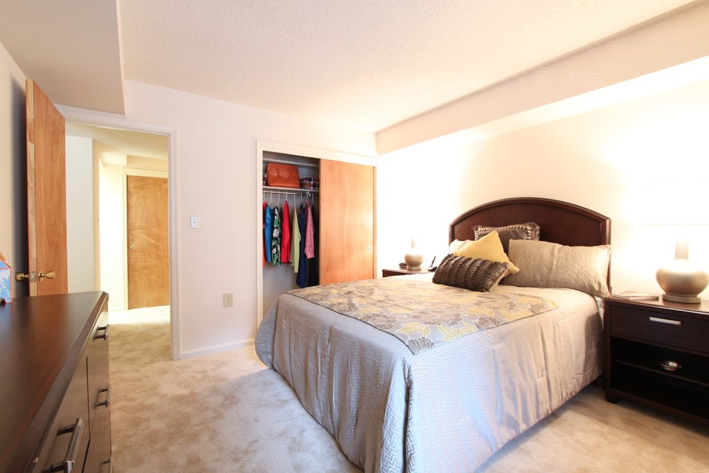 a bedroom with a large bed and a closet