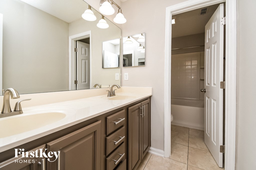 a bathroom with a sink and a mirror and a shower