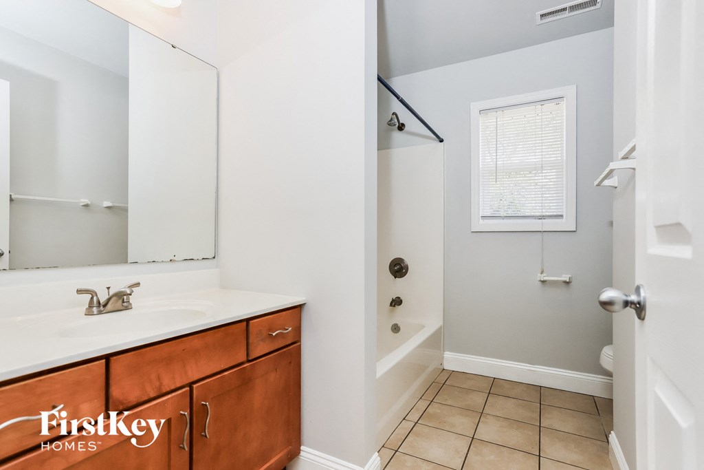 a bathroom with a sink and a mirror and a shower