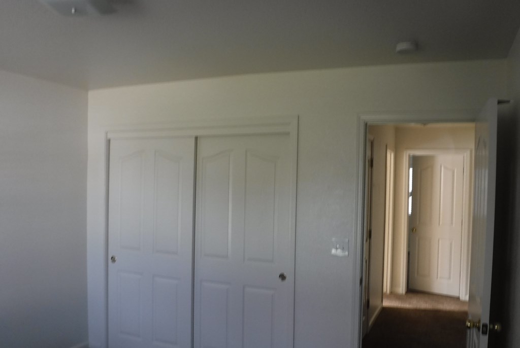 a room with two closets and a hallway with a door to a closet