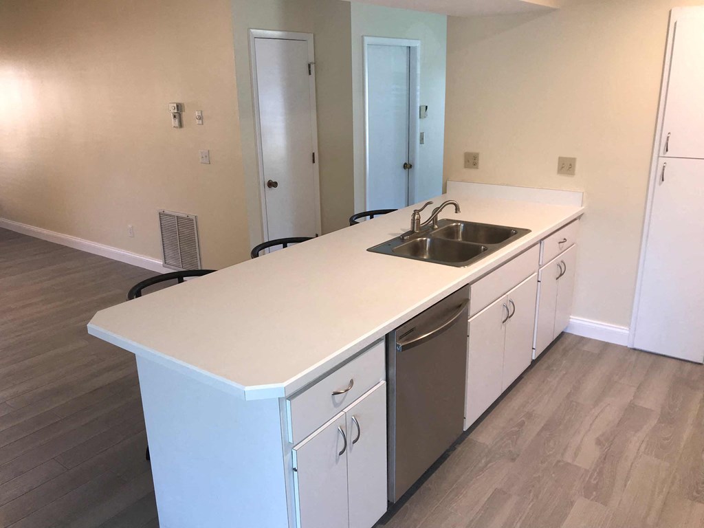 an empty kitchen with a sink and a counter