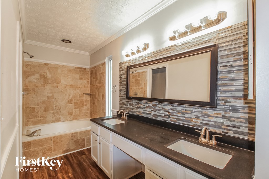 a bathroom with a sink and a mirror and a tub
