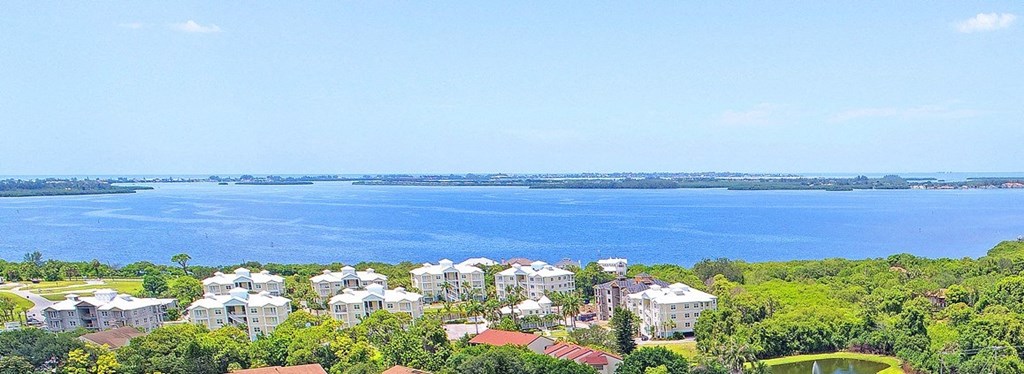 an aerial view of a town with a lake in the background