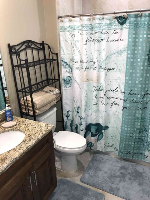 a bathroom with a shower curtain and a toilet and a sink
