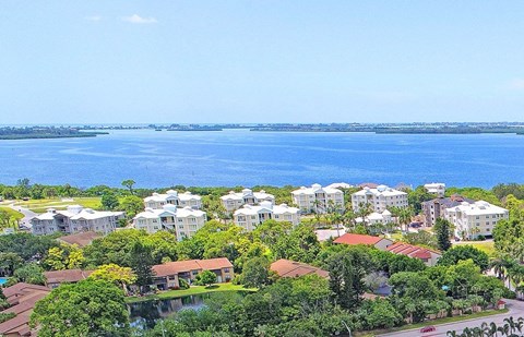 an aerial view of a neighborhood with a lake in the background