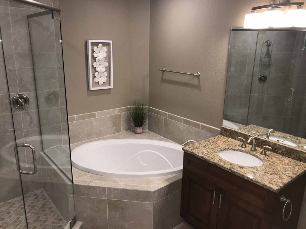a bathroom with a tub and a sink and a shower