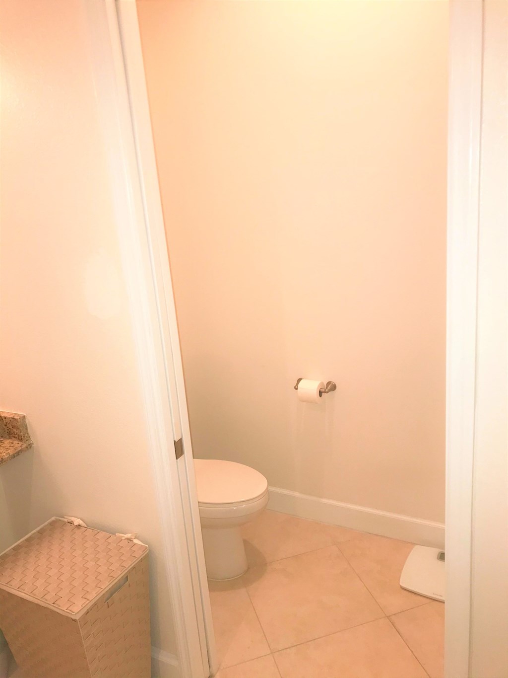 a bathroom with a toilet and a roll of toilet paper