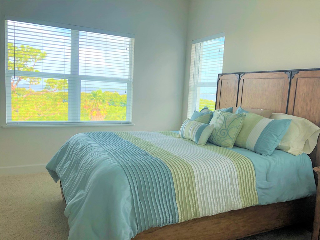 a bedroom with a bed and two windows