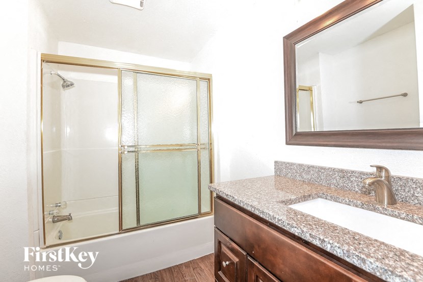 a bathroom with a sink and a shower and a mirror