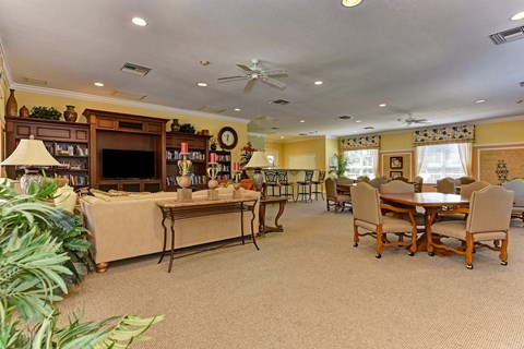 a living room and dining room with furniture and a tv