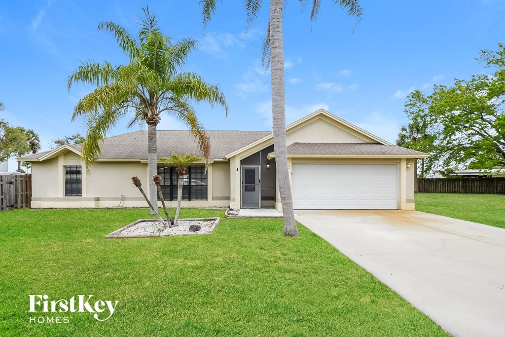 a home with palm trees and a driveway