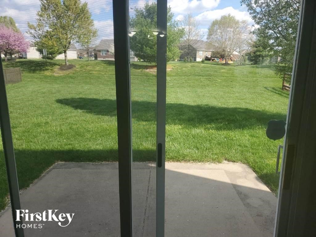 a view of a yard from a glass door