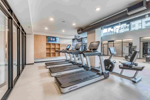 A gym with treadmills and weight machines.