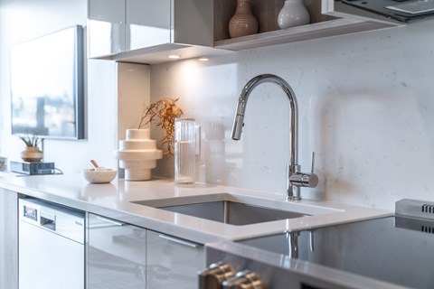 A modern kitchen with a stainless steel sink and a silver faucet.