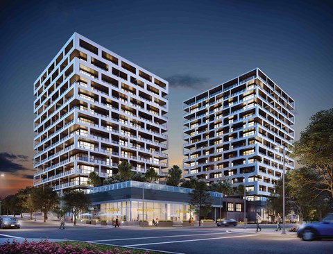 Two modern high-rise buildings are shown in the image.