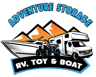 the logo of the adventure storage rv toy and boat