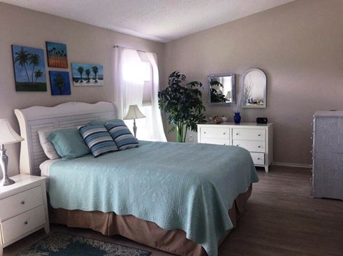 a bedroom with a bed and a dresser and a mirror