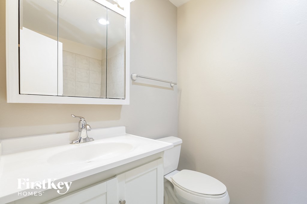 a bathroom with a sink toilet and a mirror