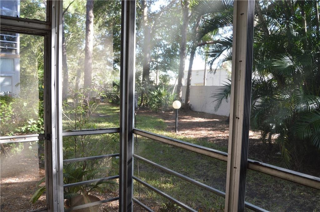 a view of a garden through a window