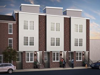 a rendering of an apartment building with people standing in front of it