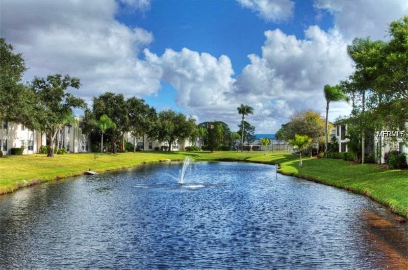 a large pond with a fountain in the middle of it