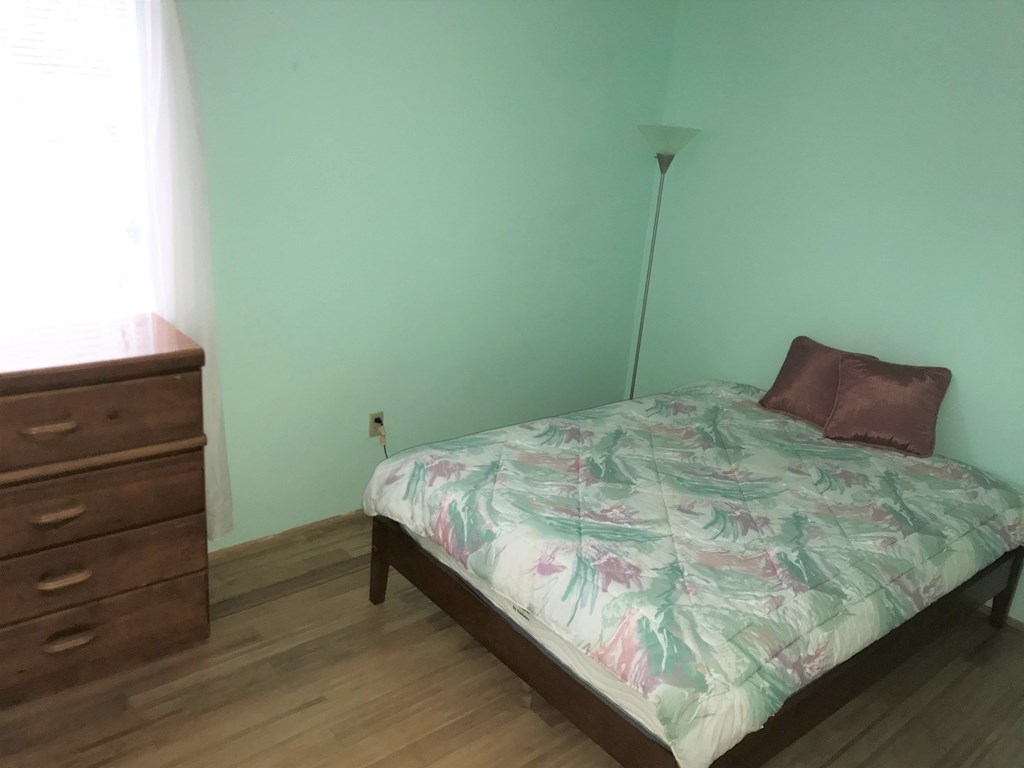 a bedroom with a bed and a dresser