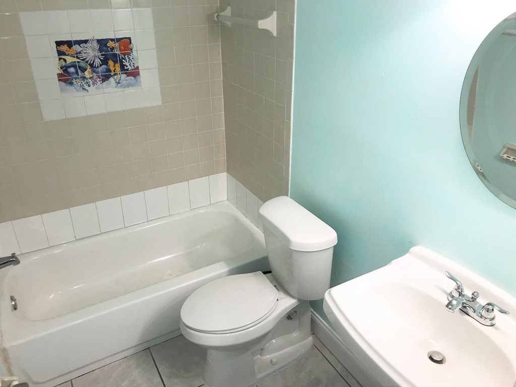 a bathroom with a toilet and a tub and a sink