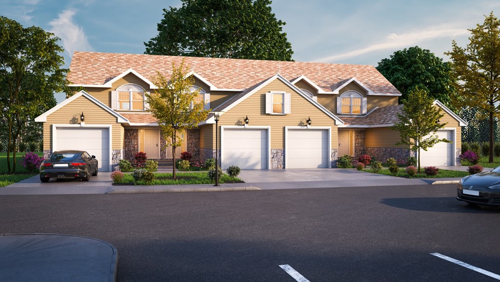 a rendering of a house with two garage doors on a driveway