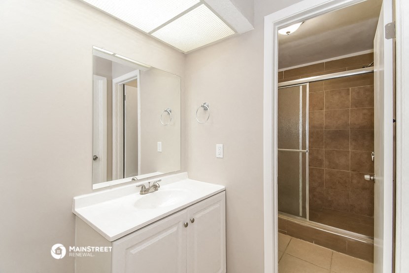 a bathroom with a sink and a mirror and a shower