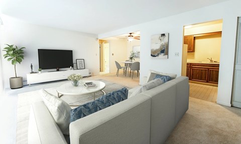 A living room with a grey sofa and a television.