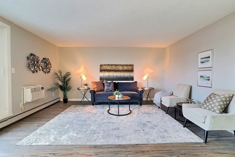 A living room with a grey rug and a blue couch.