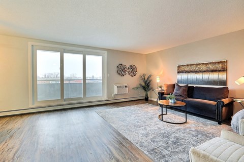 A living room with a black couch, a coffee table, and a window with a view of trees.